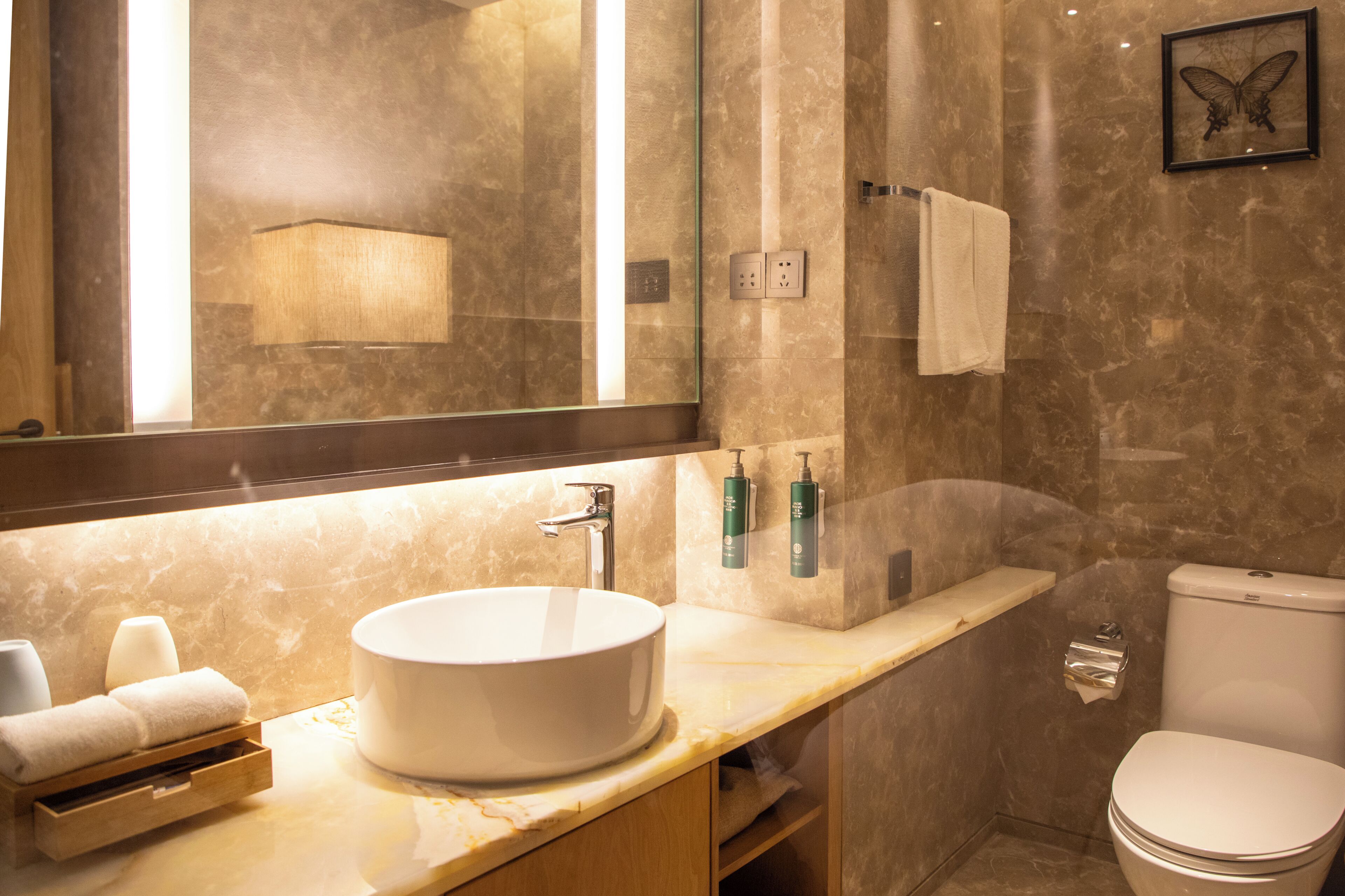 A modern bathroom with a marble sink, a mirror, a toilet, and a butterfly wall decoration.
