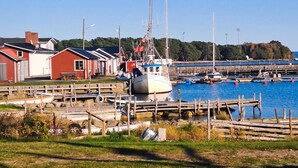 Un puerto deportivo con barcos amarrados, pasarelas de madera y edificios rojos.
