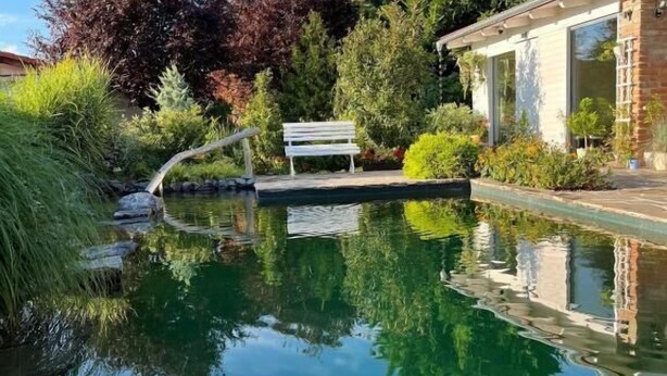 A serene outdoor pool area with a bench, surrounded by lush greenery and a clear blue sky. - Penzion Primášé (Dolní Věstonice)