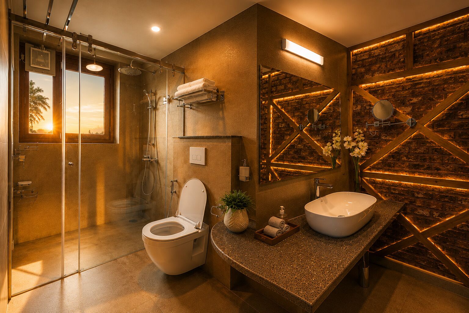 A modern bathroom with a glass-enclosed shower, a toilet, a sink, and a decorative wall with geometric patterns.
