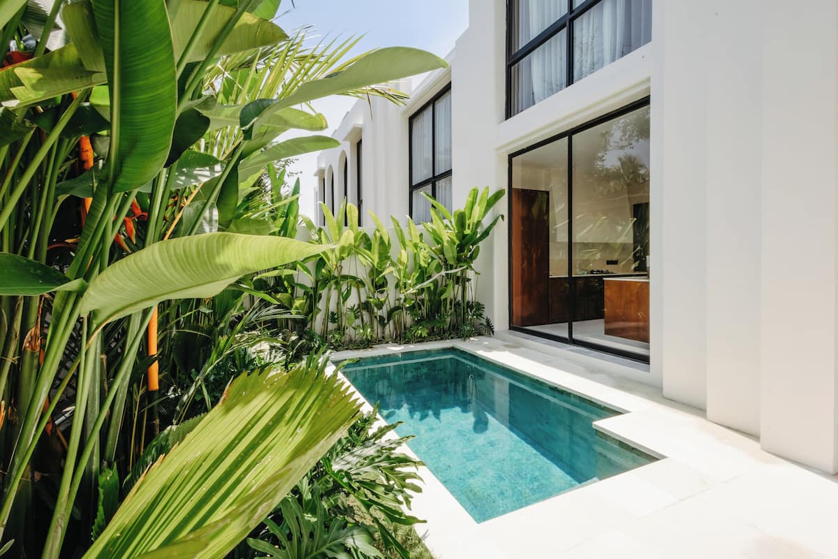 Una casa moderna con piscina rodeada de exuberante vegetación tropical.