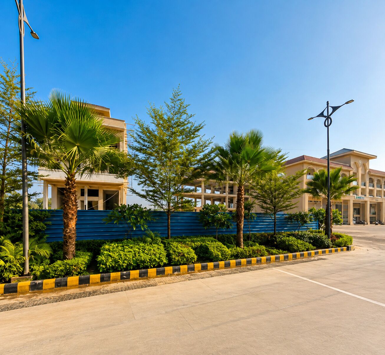 A modern building with a blue wall and palm trees in front.