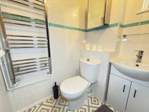 A bathroom with a toilet, sink, and towel rack.