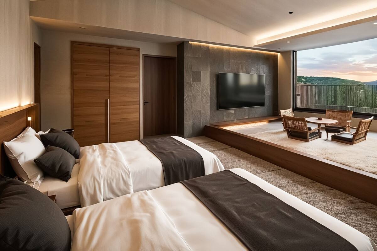 A modern hotel room with two beds, a TV, a balcony with seating, and a view of the sunset.