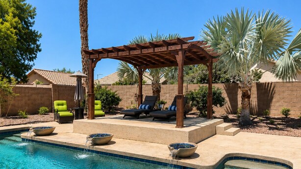 A pool area with a pergola, lounge chairs, and a clear blue pool. - Norterra Desert Escape: Heated Pool, Walk to Pickleball – Sleeps 5  (Phoenix)