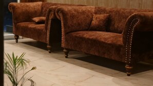 A brown sofa with wooden legs, a potted plant, and a wooden wall with framed pictures.
