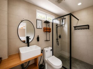 Shower, towels, soap, shampoo