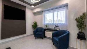 A modern room with a flat-screen TV, two blue armchairs, a radiator, a window with sheer curtains, and a potted plant.