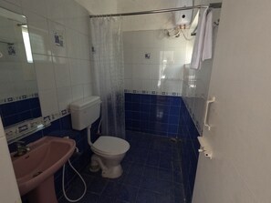 Chuveiro, secador de cabelo, toalhas de banho, sabonete