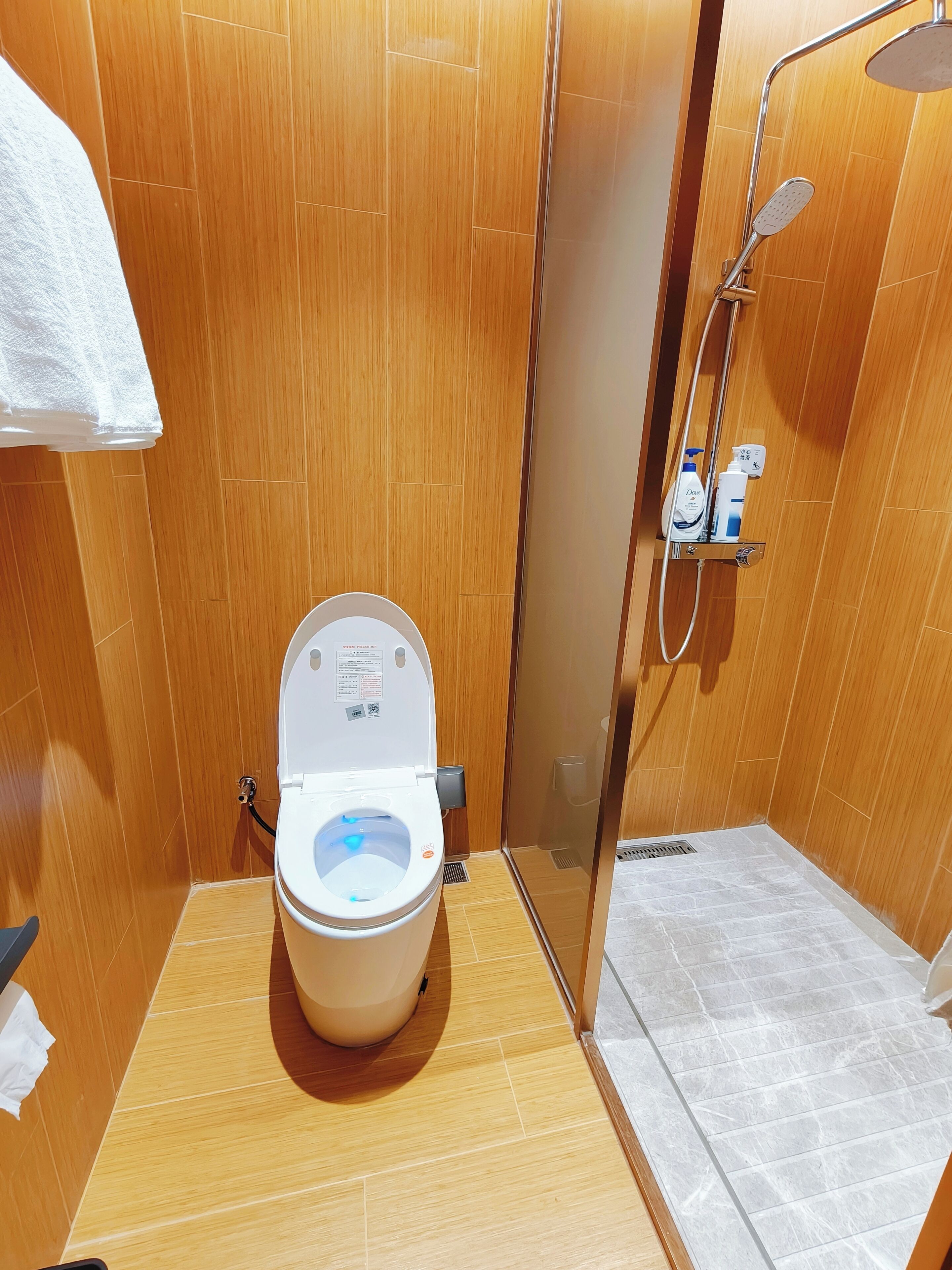 Un baño con inodoro, ducha y toallero.