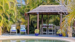 Zona junto a la piscina con un pabellón de techo de paja, sillas de descanso y plantas en macetas.