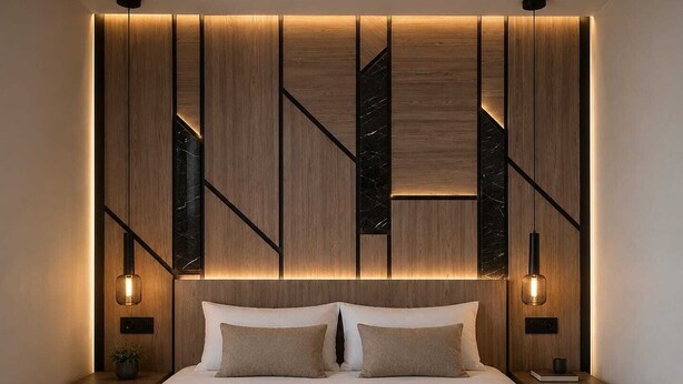 Une chambre à coucher moderne avec une tête de lit en bois, deux tables de chevet et un lit recouvert de linge de lit blanc.