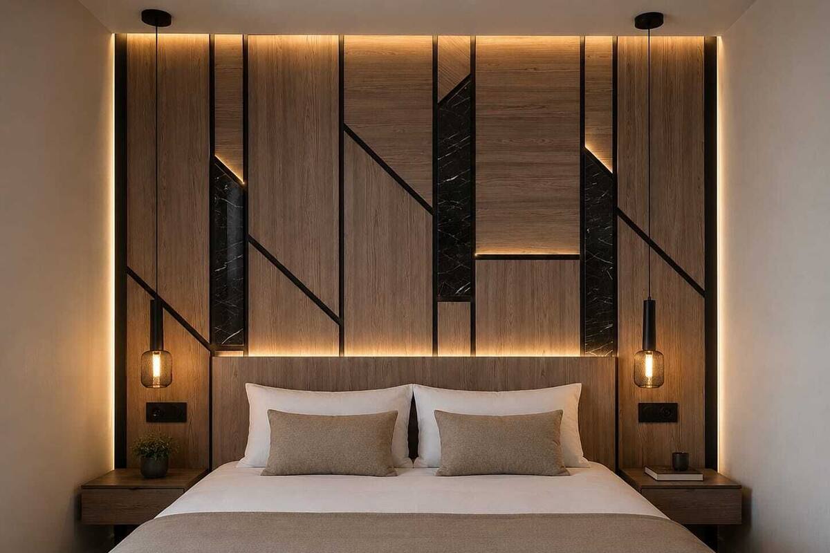 Un dormitorio moderno con cabecera de madera, dos mesitas de noche y una cama con ropa de cama blanca.