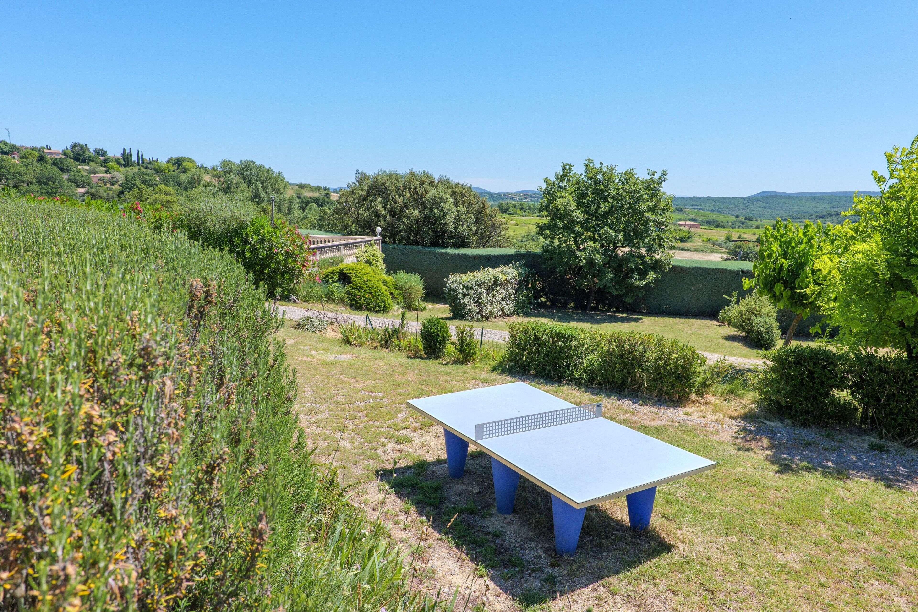 Una mesa de ping pong en un área verde al aire libre, con vistas a un paisaje montañoso.