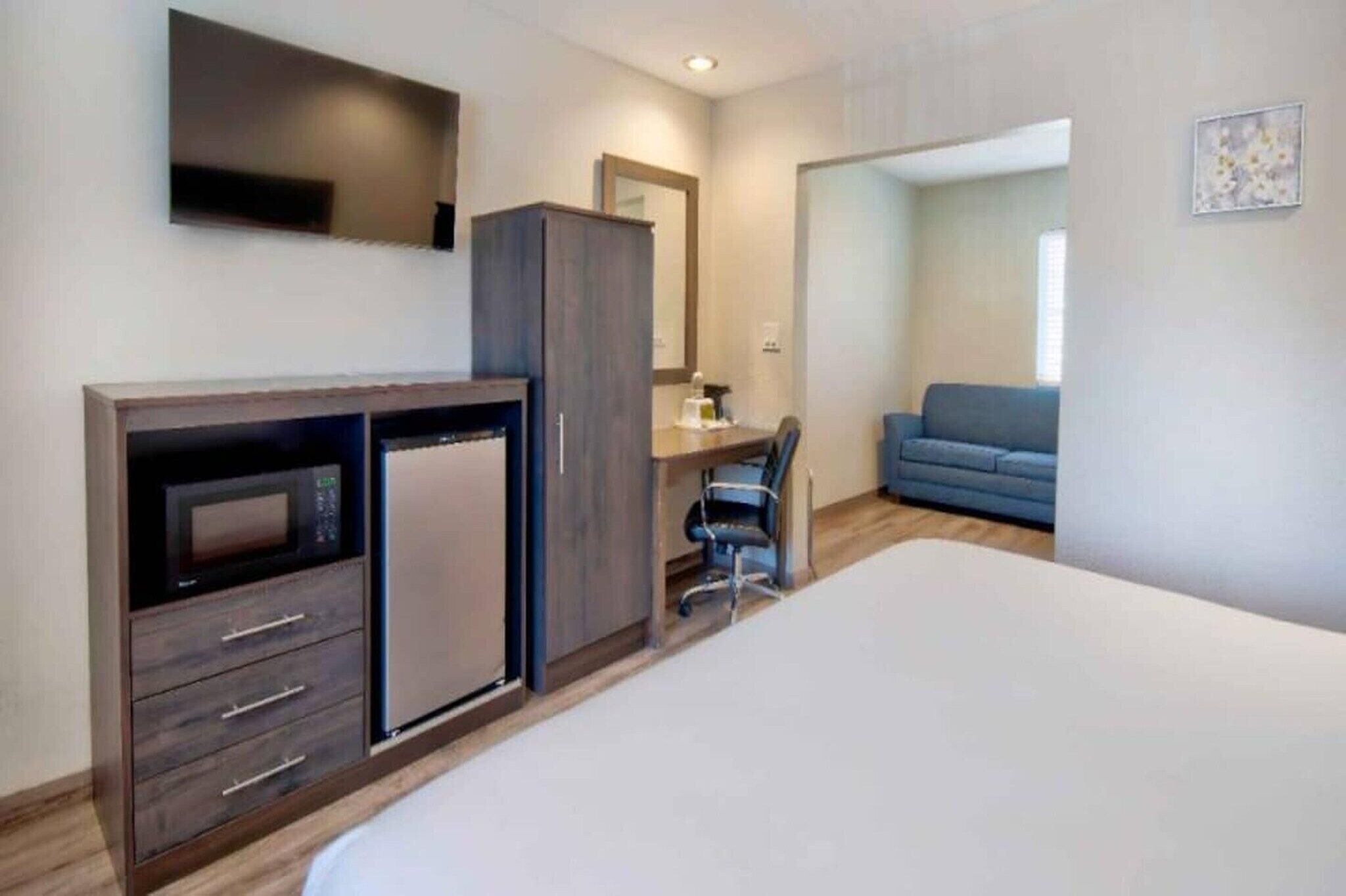 A hotel room with a bed, a desk with a chair, a microwave, a refrigerator, a wardrobe, a TV, and a sofa.