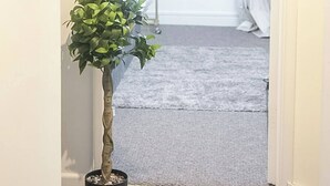 A hallway leading to a bathroom with a shower curtain, a potted plant, and a small shelf with a plant. - Sleeps 4, Great for Groups, Free Parking Kent (Medway)