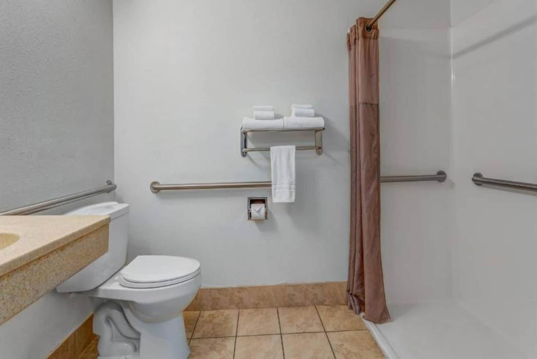A bathroom with a toilet, a sink, a towel rack, and a shower curtain.