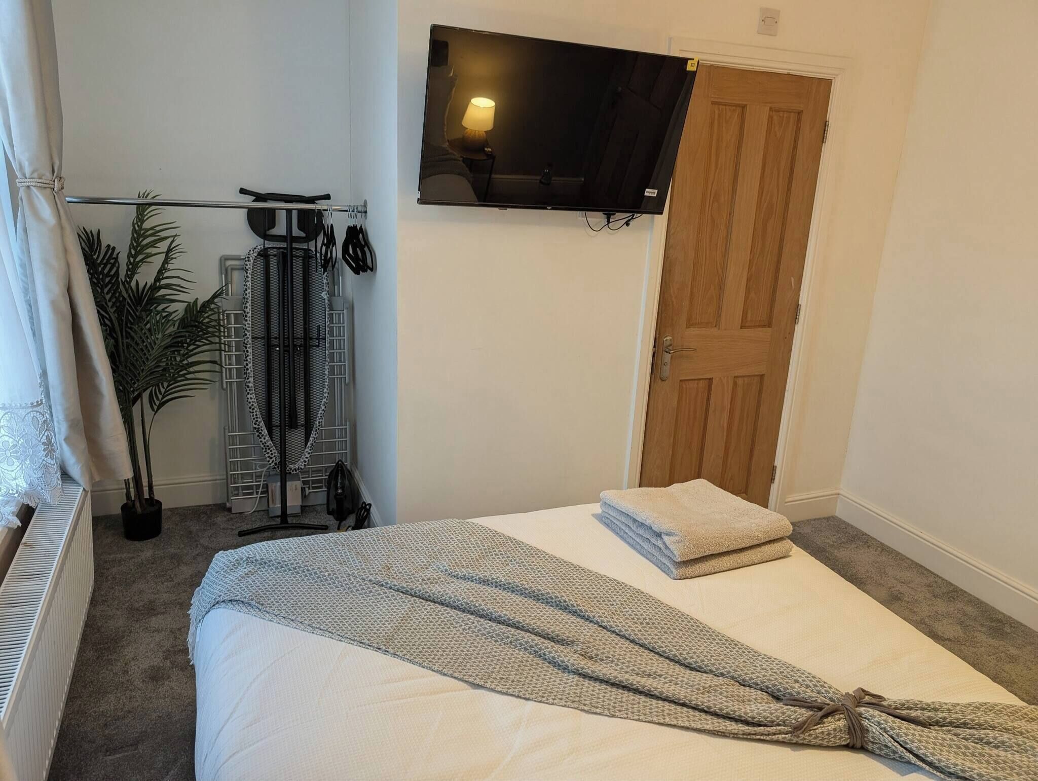 A bedroom with a bed, a TV mounted on the wall, a radiator, a door, and a plant.