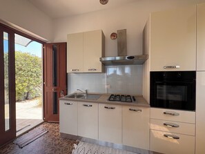 Eine moderne Küche mit Gasherd, Backofen und integrierter Dunstabzugshaube.