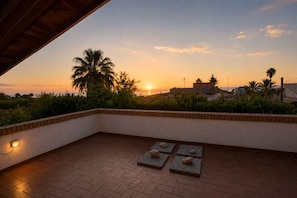 Eine Dachterrasse mit Sonnenuntergangsblick, einer Palme und einem Ziegelboden mit vier dekorativen Steinen.