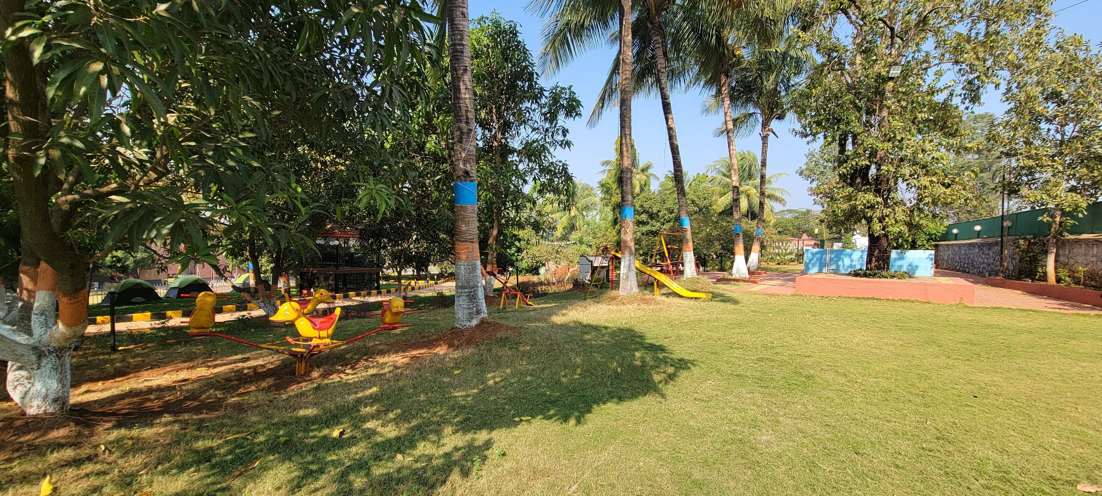 A playground with swings and a slide, surrounded by trees and grass.