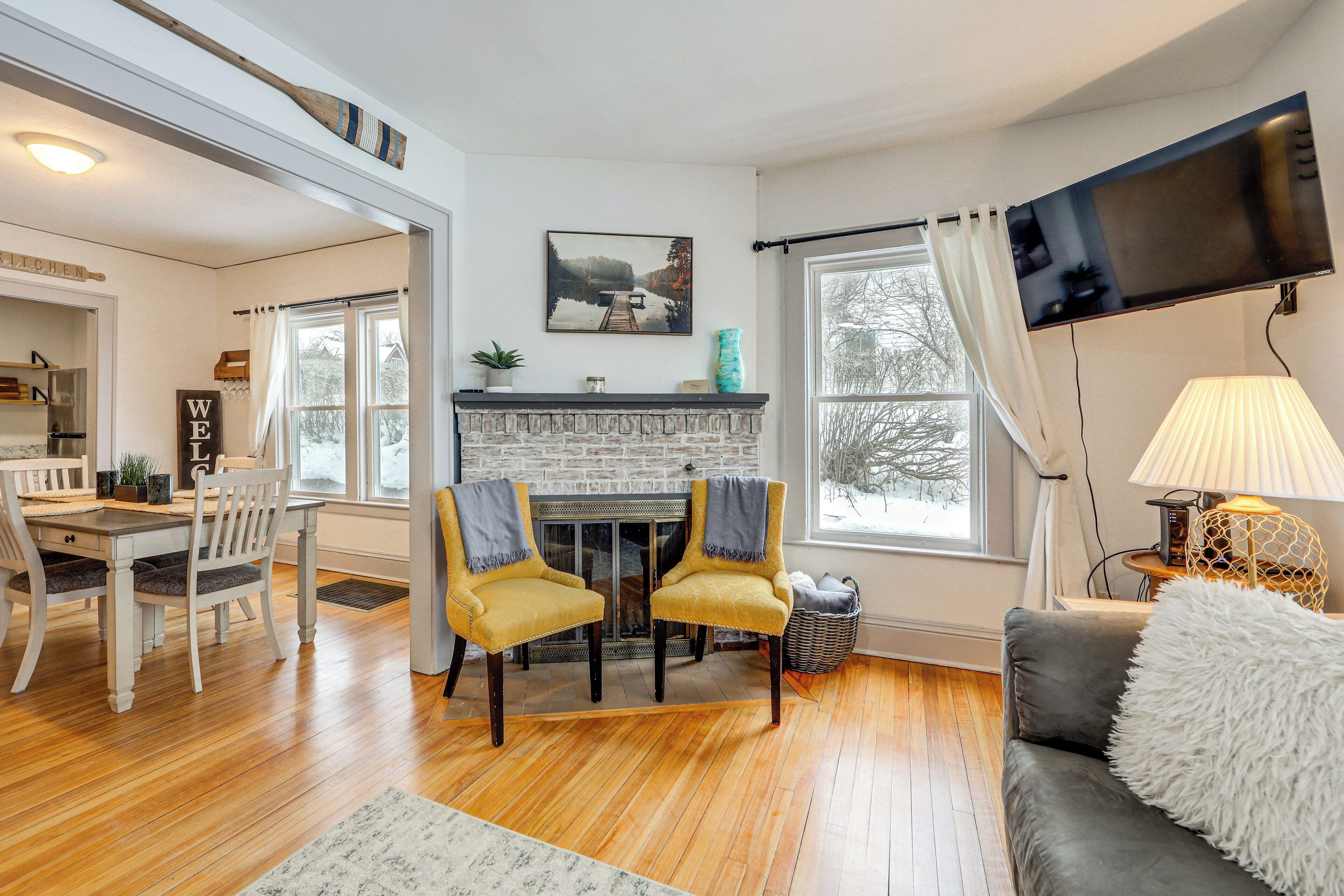 TV, fireplace, books