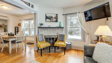 TV, fireplace, books