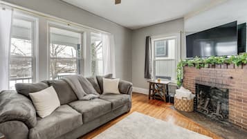 TV, fireplace, books