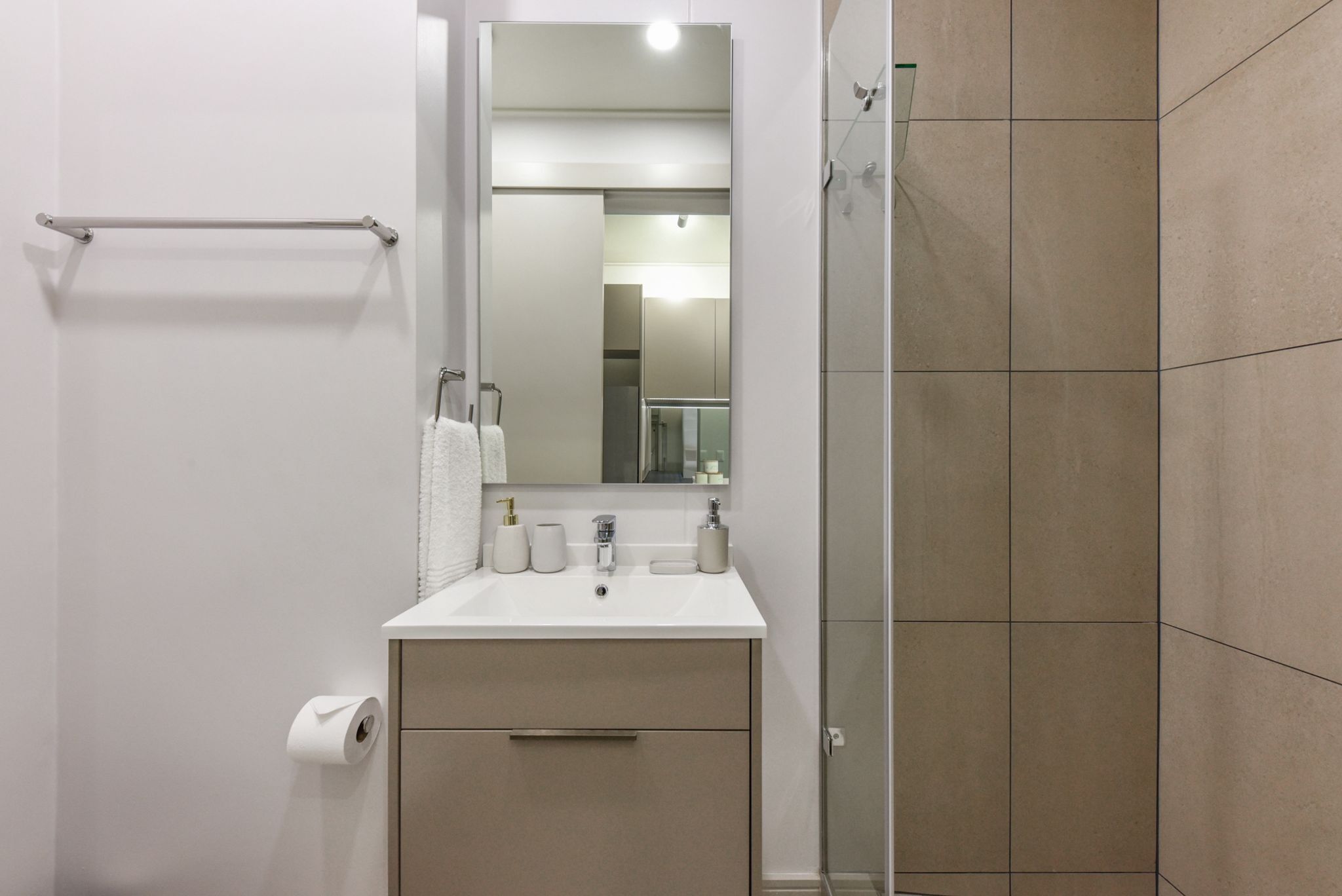 Shower, hair dryer, bidet, towels