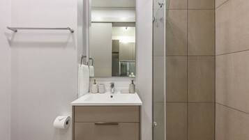 Shower, hair dryer, bidet, towels