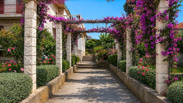 Een pad van stenen leidt naar een gebouw met een houten pergola vol paarse bloemen.