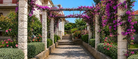 A stone pathway leading to a building with a wooden pergola covered in purple flowers.