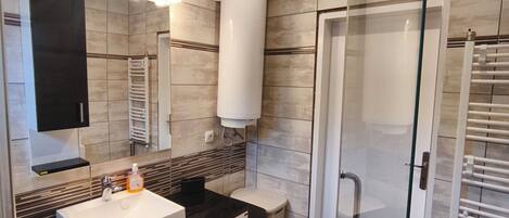 Shower, hair dryer, towels, soap