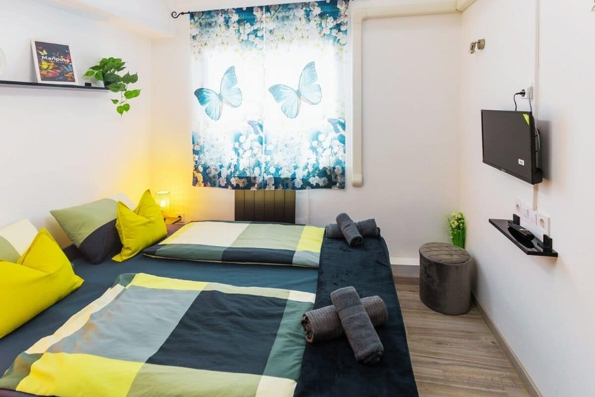 A room with two beds, a flat-screen TV, a plant, and a window with a butterfly curtain.