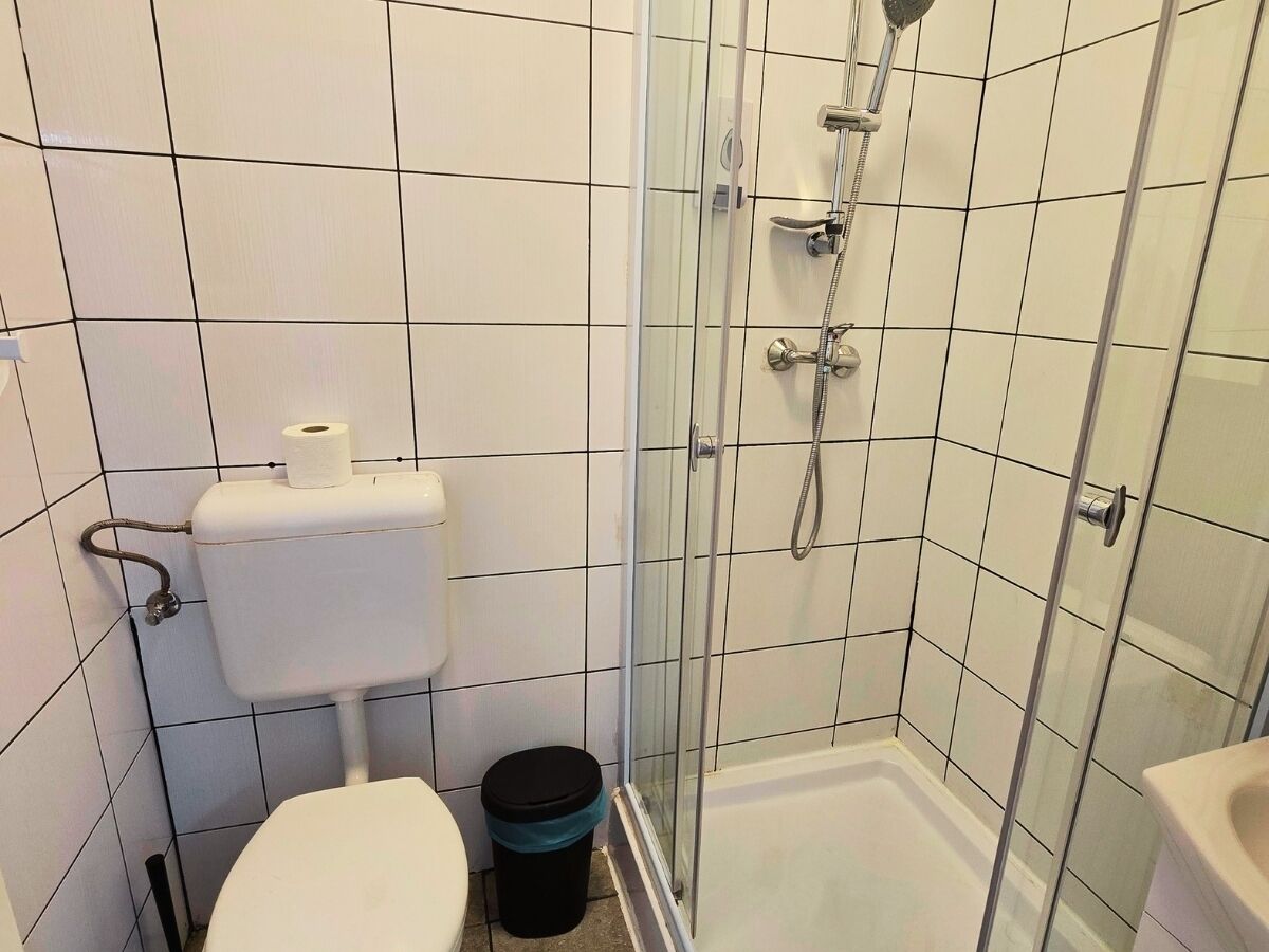A small bathroom with a toilet, a glass-enclosed shower, and a sink.