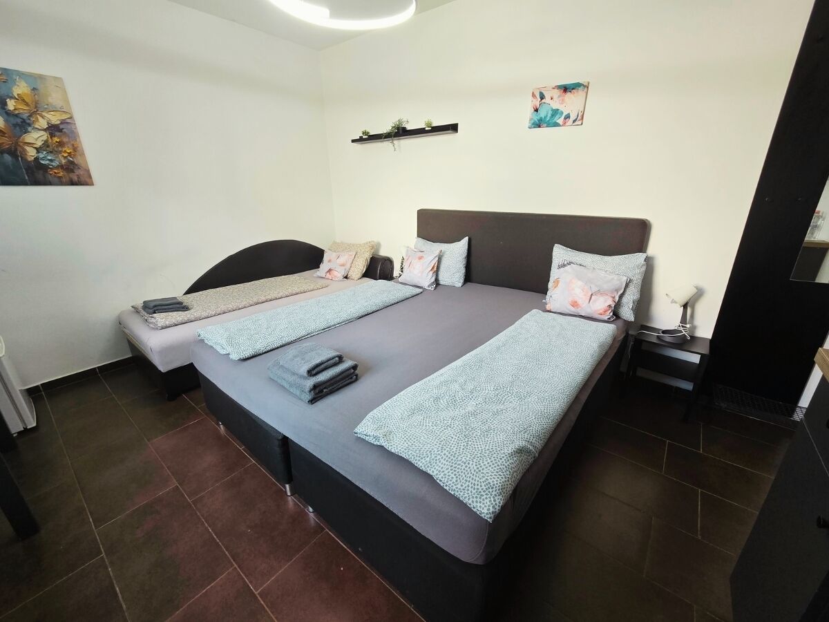 A double bed with a dark headboard, two bedside tables, and a wall-mounted shelf with plants.