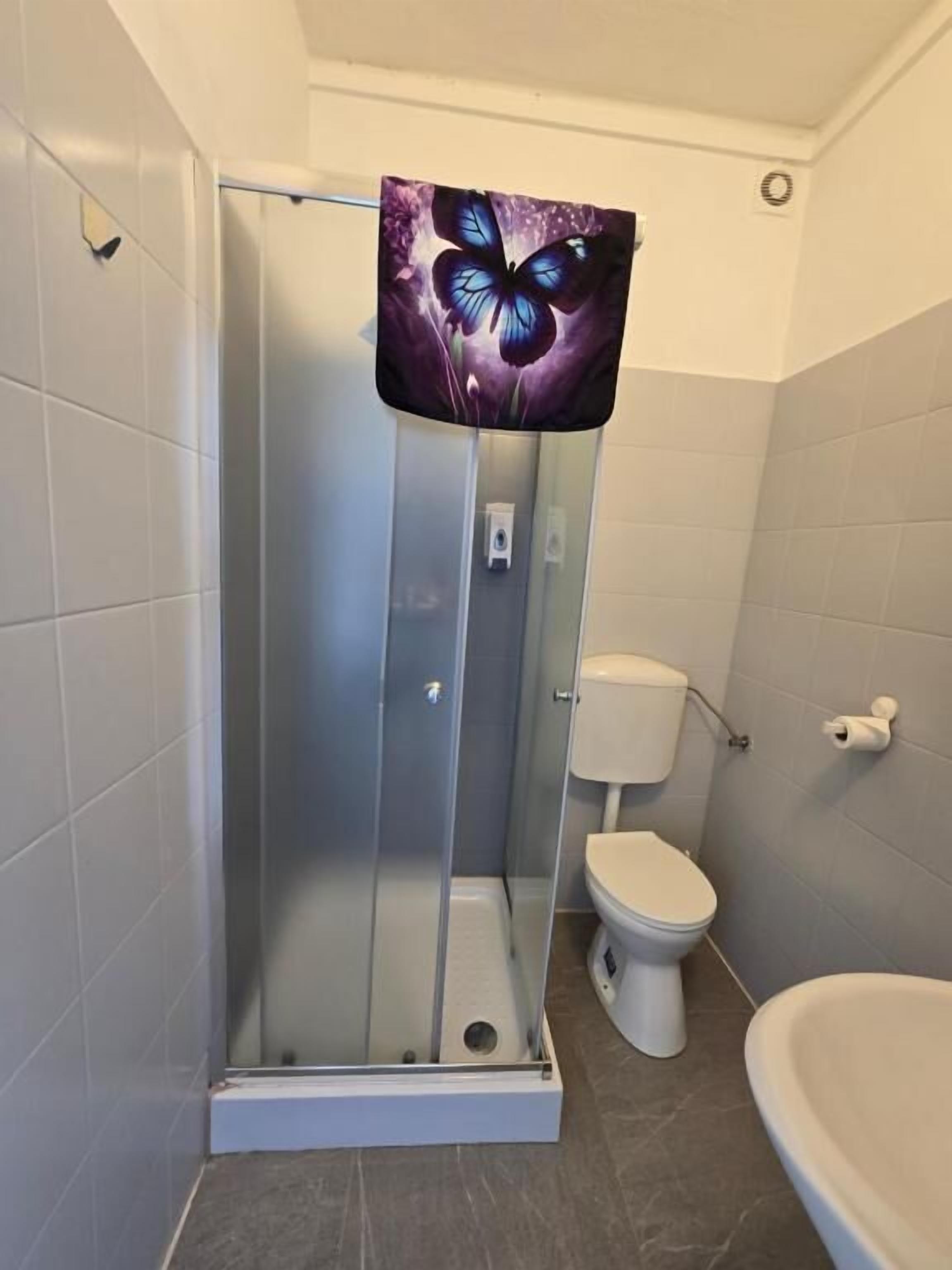 A bathroom with a shower enclosure, toilet, and bathtub.