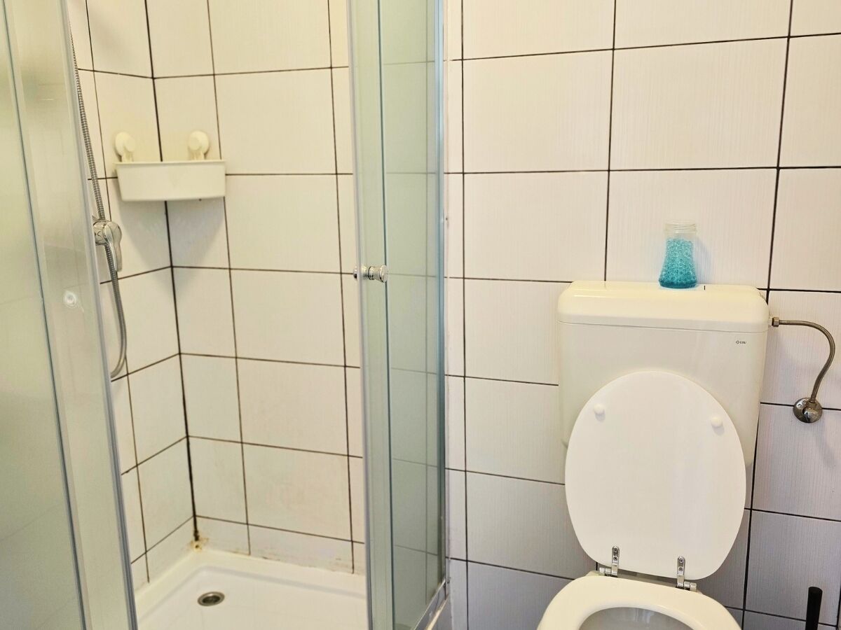 Baño con cabina de ducha de vidrio, inodoro y un estante pequeño con una botella azul.