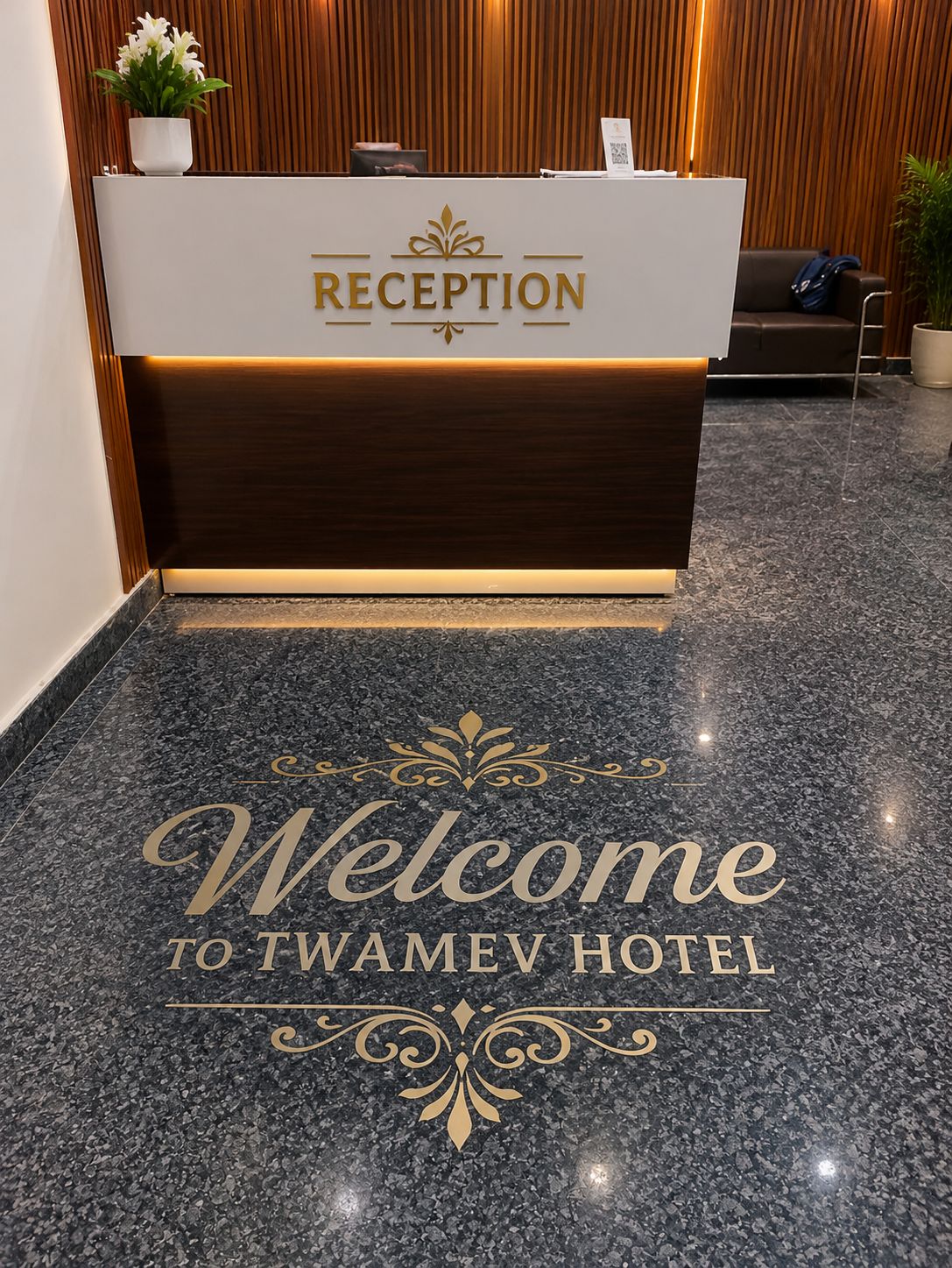 Balcão de recepção com placa indicando 'RECEPTION' e tapete de boas-vindas com a mensagem 'Welcome to Twamev Hotel'.