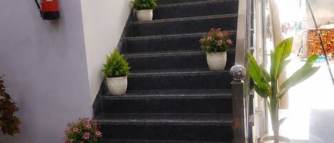 A staircase with potted plants at each landing, a fire extinguisher on the wall, and a patterned rug at the bottom.