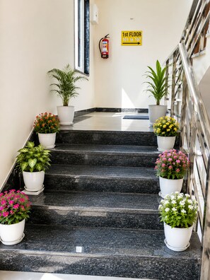 A staircase with potted plants on each step, a fire extinguisher on the wall, and a sign indicating the first floor. - Jeet residency by twamev (New Delhi)