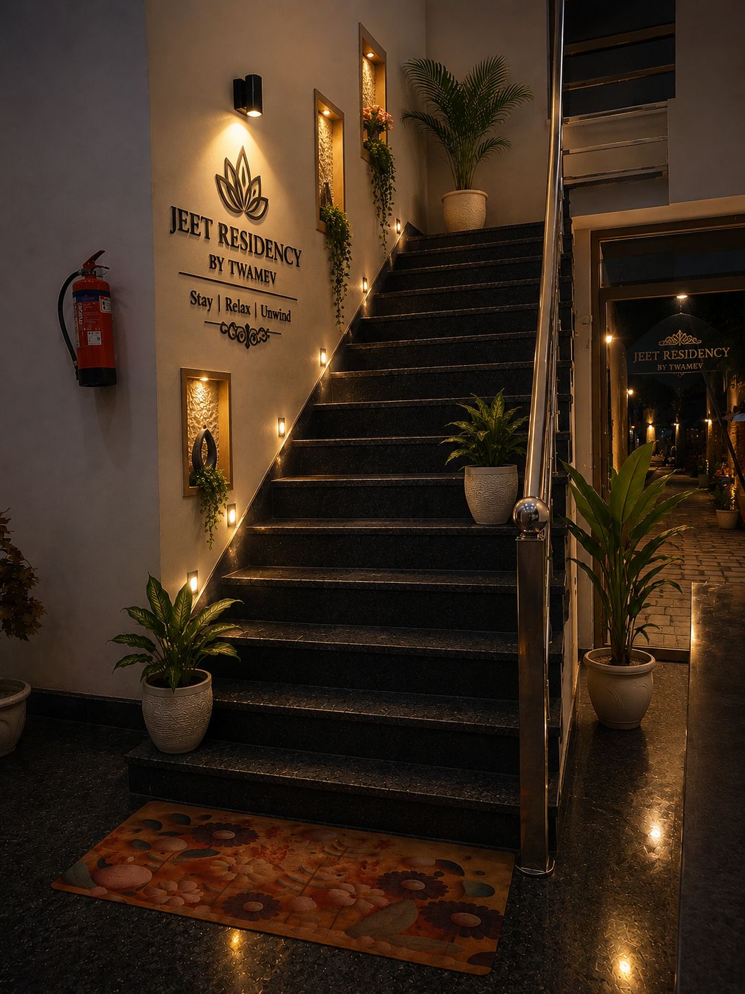 A staircase with a sign for Jeet Residency by Twamev, surrounded by potted plants and decorative lighting.