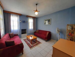 Una sala de estar con un sofá rojo, una mesa de centro de madera, chimenea y ventilador de techo.