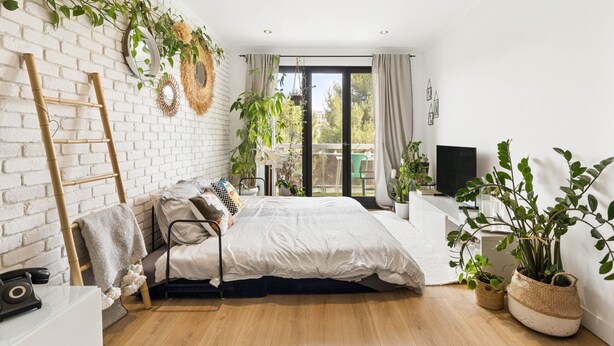 A bedroom with a brick wall, a bed, a TV, and potted plants. - HAPPYFEW SUITE FABRON (Nice)
