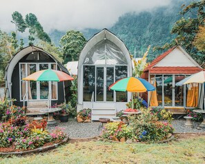 Trois petits bâtiments d’un seul étage, dotés de grandes fenêtres et entourés d’un jardin où poussent diverses plantes et fleurs.