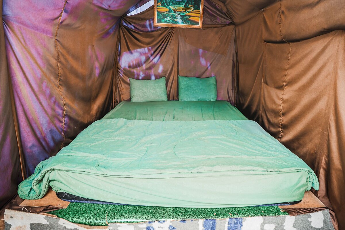 A tent-like room with a bed, pillows, and a framed picture on the wall.