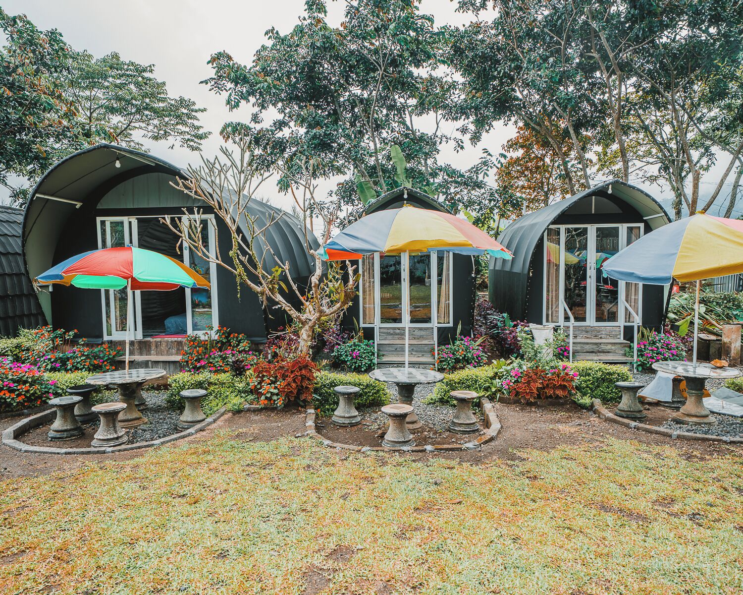 Three dome-shaped structures with colorful umbrellas, surrounded by a garden with various plants and a stone table.