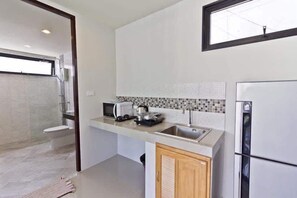 A compact kitchen with a microwave, toaster, sink, and refrigerator. - Villa 2 - Stunning 1 Bed Villa with Pool near Fisherman's Village (Ko Samui District)