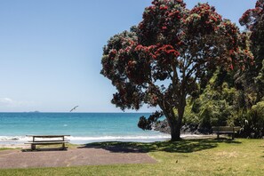 Beach - Miro Ridge in Palm Beach - Miro Ridge is a spacious elevated holiday home overlooking Palm Beach with sea views and generous indoor-outdoor living. Large sliding doors open to an expansive deck, while the open plan lounge and entertainer’s kitchen cr (Waiheke Island)