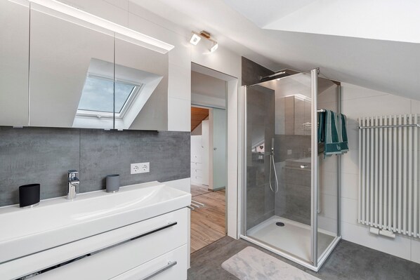 Shower, hair dryer, towels